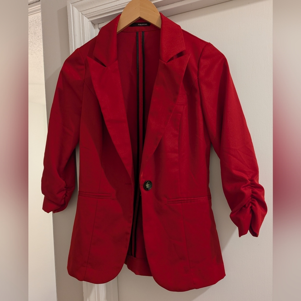 Maurices Vibrant Red Blazer with Ruched Sleeves - S
